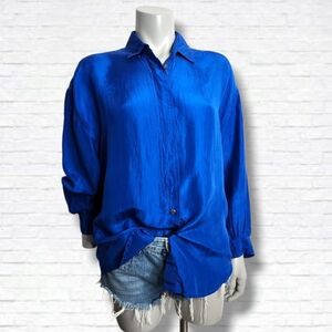Vintage Express Irridescent Blue 100% Silk Button Down Shirt Size XS